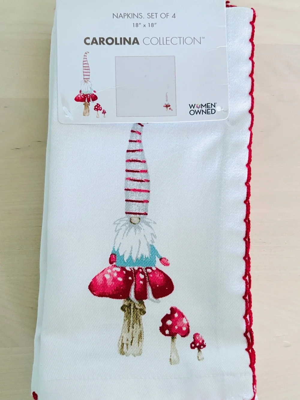 New Carolina Collection Gnome & Mushroom Napkins - set of 4 18”x18”